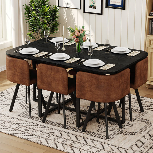 English Elm 7 Piece Rectangular Dining Set with Suede Chairs Black Wood Grain Table Modern Rustic W3875S00097