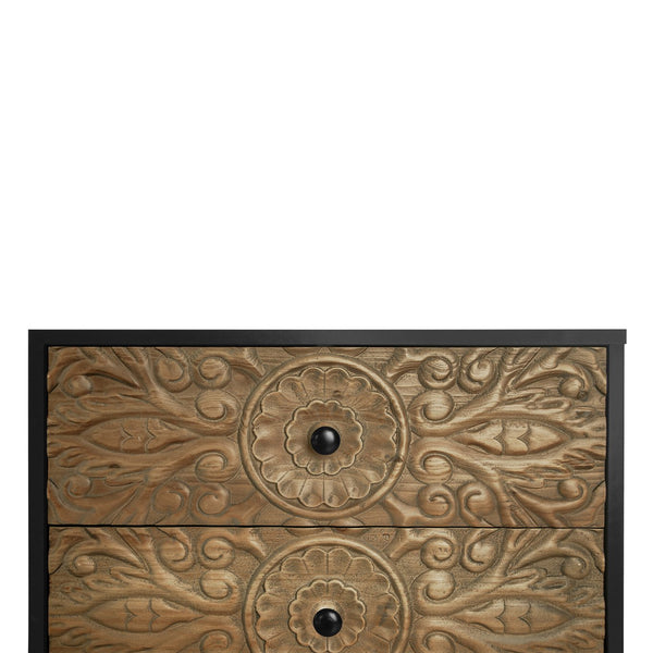 English Elm 3 Drawer Solid Wood Cabinet Hand Carved Relief Fronts Pine Feet Bedroom Storage W688138033