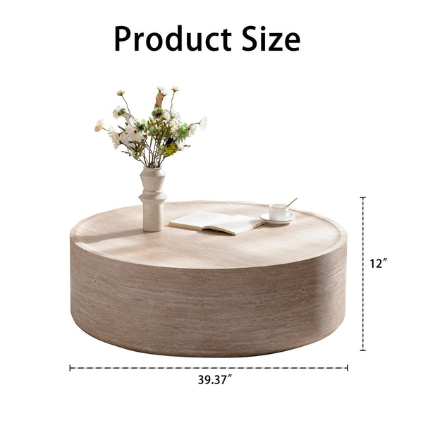 English Elm 39.37" Round Drum Coffee Table with Bold Mars Stone Print for Modern Living Rooms W3081P394201