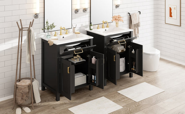 English Elm Modern 48 Inch Freestanding Bathroom Vanity Dual Ceramic Sinks Soft Close Gold Handles Black N729P000008B