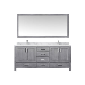 English Elm Distressed Grey Double Bath Vanity With Carrara Marble Top, Complete Faucet Set & Stylish Mirror B2731S01002