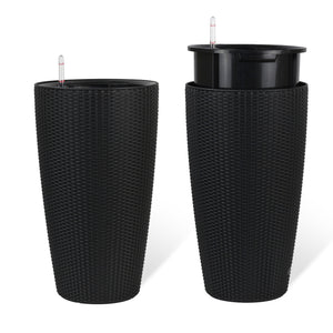 English Elm Set of 2 Faux Rattan Tall Outdoor Planters with Auto Watering and Water Level Monitor Black W3213P325373