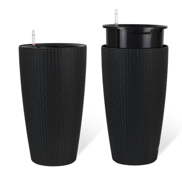 English Elm Set of 2 Faux Rattan Tall Outdoor Planters with Auto Watering and Water Level Monitor Black W3213P325373