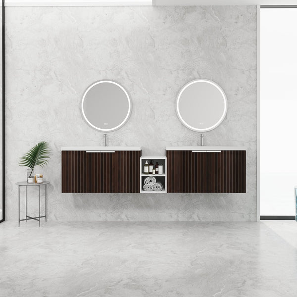 English Elm 82 Inch Wall-Mounted Bathroom Vanity with Resin Sink, Soft-Close Doors, Extra Shelves, Durable Eco Plywood W999S00262