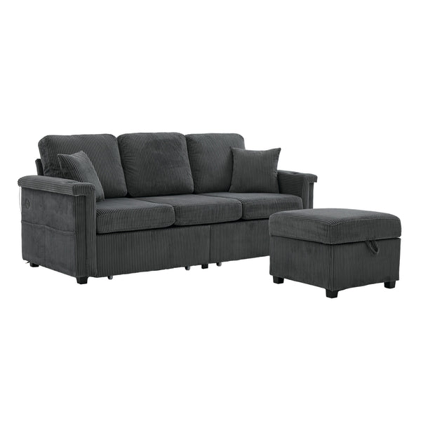 English Elm UNITED Corduroy L-Shaped Sectional Sofa with Storage Ottoman, USB Ports, Cup Holders & LED Lighting Dark Gray W1568P332407