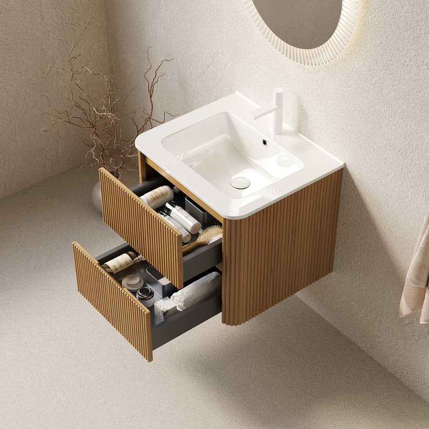 English Elm Noor 24 Inch Floating Bathroom Vanity Oak Veneer Cabinet with Ceramic Basin W2615P380404