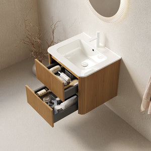 English Elm Noor 24 Inch Floating Bathroom Vanity Oak Veneer Cabinet with Ceramic Basin W2615P380404