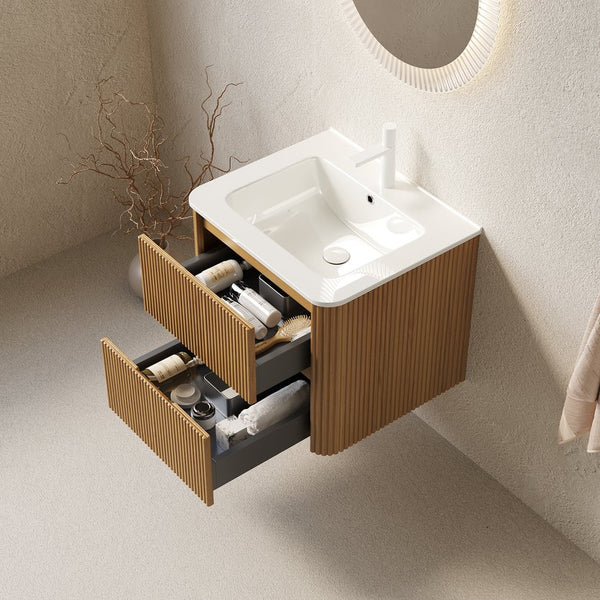 English Elm Noor 24 Inch Floating Bathroom Vanity Oak Veneer Cabinet with Ceramic Basin W2615P380404