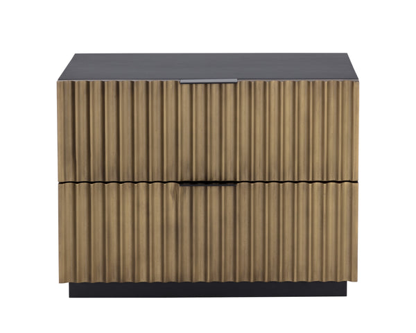 Sunpan Carlin Nightstand - Bold Mango Wood Design with Sculpted Drawers and Modern Aluminum Handles Black / Antique Brass