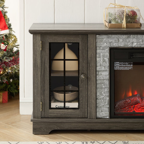 English Elm 58" Modern TV Stand with 18" Electric Fireplace, Faux Stone Mantel, Ample Storage & Cable Management for Living Room Comfort and Style Grey W2275S00027