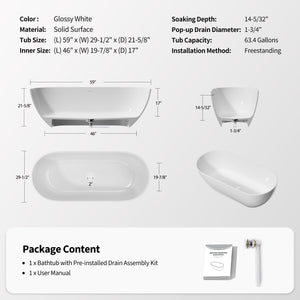 English Elm 59" Stone Resin Freestanding Soaking Tub Spa Grade Oval Design for Modern Baths Glossy White W1920P410060