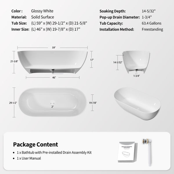 English Elm 59" Stone Resin Freestanding Soaking Tub Spa Grade Oval Design for Modern Baths Glossy White W1920P410060