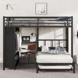 English Elm Queen Over Twin Bunk Bed With Wardrobe, Trundle, Foldable Desk & Noise-Reducing Design In Black W1580S00137-GIGA