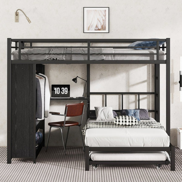 English Elm Queen Over Twin Bunk Bed With Wardrobe, Trundle, Foldable Desk & Noise-Reducing Design In Black W1580S00137-GIGA