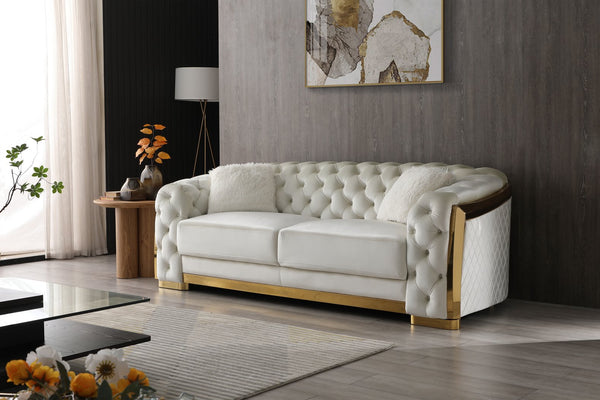 English Elm Lexi Plush Velvet Sofa with Button Tufting and Diamond Quilted Exterior, Welted Cushions & Throw Pillows Ivory 35 L x 30 W x 91 H B078P301021