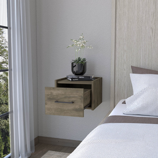 English Elm Elfrida Wall-Mounted Nightstand Dark Brown — Sleek Single Drawer, Two-Tier Shelf, Space-Saving Modern Design B128P176107