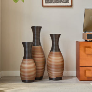 English Elm Set of 3 designer floor vases in Grey+Brown PVC, modern rattan-look tall decor for hallways & living rooms W2796P261496