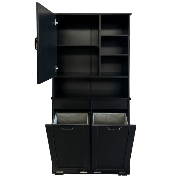 English Elm Laundry Cabinet Freestanding White Melamine with Tilt Out Hamper and Open Shelving W331S00202