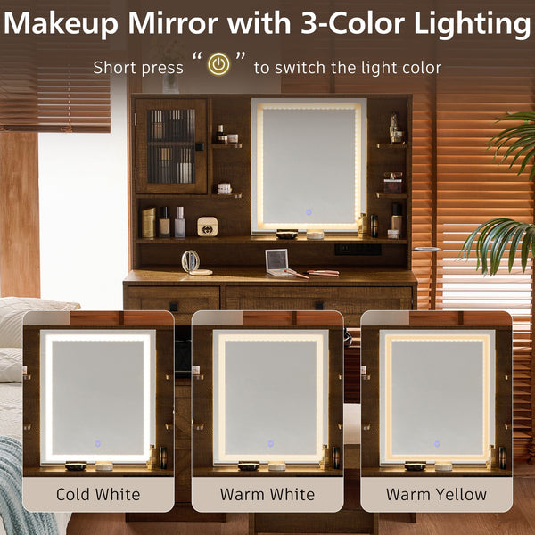 English Elm Farmhouse Makeup Vanity Desk with Lighted Mirror, Built-In Charging Station, Ample Storage and Stool Rustic Brown N844P291652W