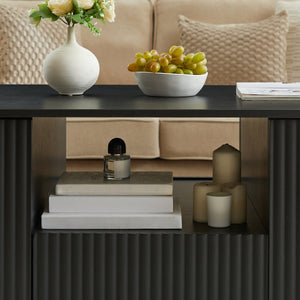 English Elm 46.5"modern oval coffee table with drawers, hidden compartments & wavy woodgrain top for stylish storage Black W1162P339119