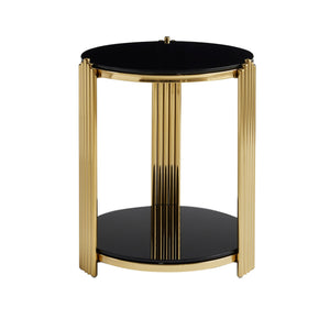 English Elm 16.9inch Round End Table Dual Tier Black Tempered Glass Gold Steel Frame Modern Accent W3357P395504