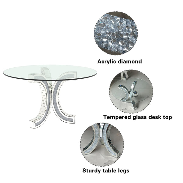 English Elm Dining Table Round Tempered Glass Top Mirrored Crushed Diamond Pedestal Glam Luxury W3836S00002