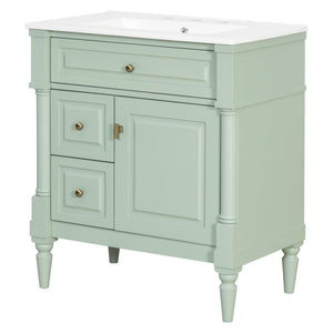 English Elm 30" Freestanding Bathroom Vanity Rubberwood Frame Ceramic Sink Flip Drawer Storage Green N725P356062F