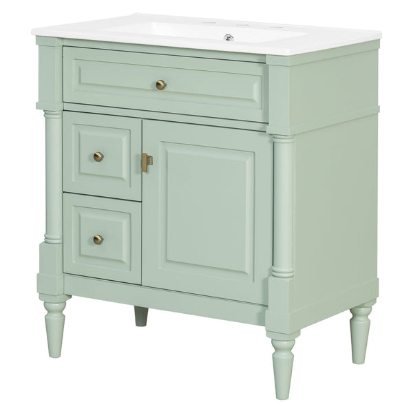English Elm 30" Freestanding Bathroom Vanity Rubberwood Frame Ceramic Sink Flip Drawer Storage Green N725P356062F