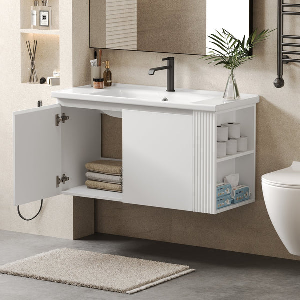 English Elm Christopher Knight Home® - 36" Modern Wall-Mounted Bathroom Vanity with Ceramic Sink, Soft-Close Doors, Fluted Accent & Open Shelves White N817P245322W