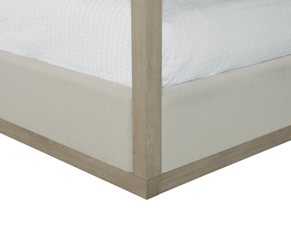 Sunpan Hoyos Canopy King Bed - Elegant Topaz Beige Upholstery with Unique Wood Grain & Character Details