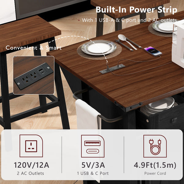 English Elm K&K 58" Farmhouse Kitchen Island with Sliding Barn Door, Drop Leaf, Glass Rack, Locking Wheels, Power Black N707P349811B