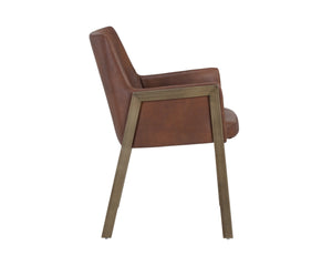 Sunpan Bernadette Dining Armchair – Elegant Design with Antique Brass Frame and Durable Faux Leather Upholstery Bravo Cognac