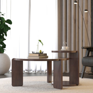 English Elm 32.68 Inch Black Oak Veneer Nesting Round Coffee Table Set for Modern Living Rooms W2899P435700