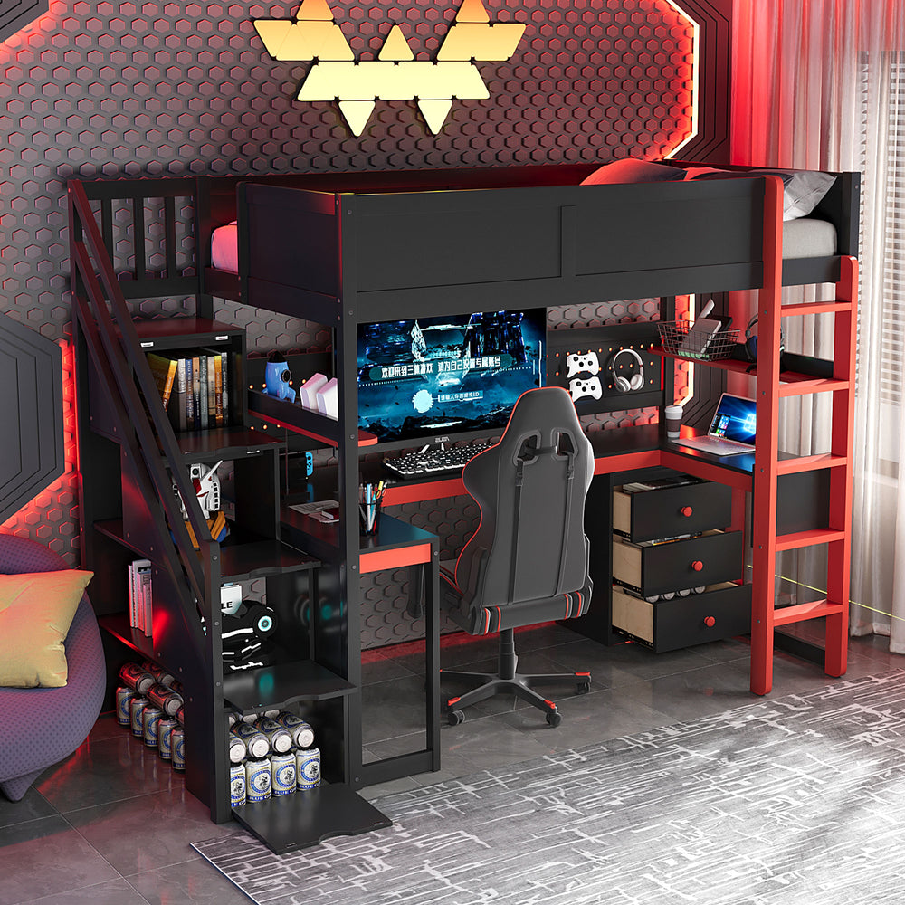 English Elm Full Size Gaming Loft Bed with Led Lighting Desk Shelves and Usb Charging Ports N820S00070J