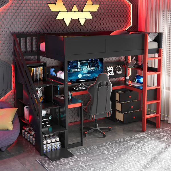 English Elm Full Size Gaming Loft Bed with Led Lighting Desk Shelves and Usb Charging Ports N820S00070J