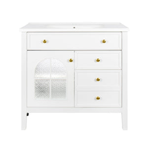 English Elm 35.6" Freestanding Bathroom Vanity with Roman Column Base and Ceramic Integrated Sink White W1801S00011