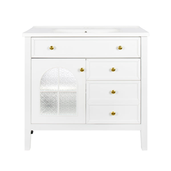 English Elm 35.6" Freestanding Bathroom Vanity with Roman Column Base and Ceramic Integrated Sink White W1801S00011