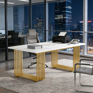 English Elm Industrial Executive Wood Desk with Rustic Brown Veneer for Home Office Workspaces T3971P450503