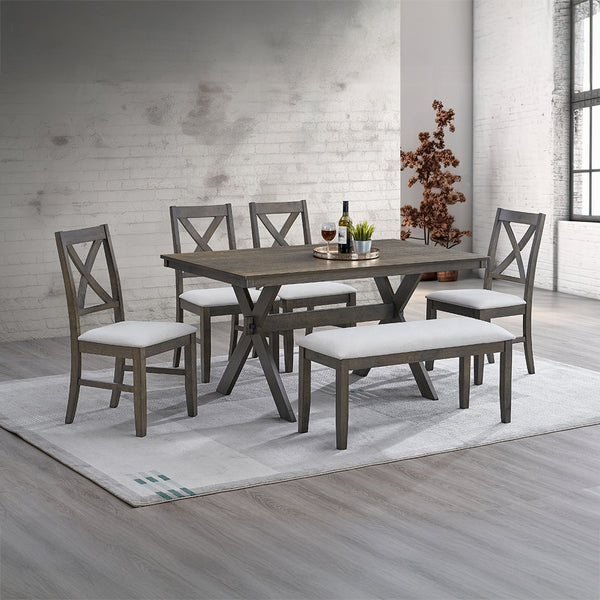 English Elm Transitional 6pc Dining Set Gray Finish with X-Shape Legs, Padded Bench & Chairs, Rustic-Modern Appeal B2741S00226