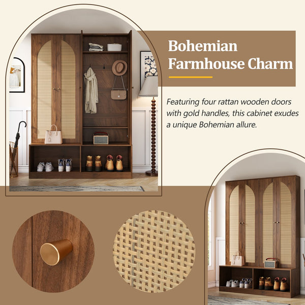 English Elm Rattan Door Hall Tree Bench with 6 Hooks Farmhouse Entryway Storage N721S000074D
