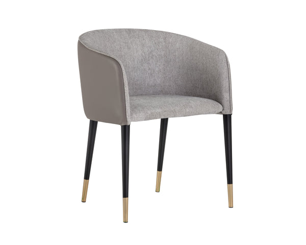 Sunpan Asher Dining Armchair - Modern Barrel Back Design with Black Steel Legs and Elegant Gold Foot Caps Flint Grey / Napa Taupe