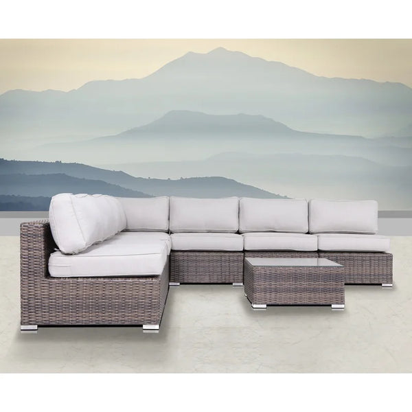 English Elm 6-Person Wicker Seating Set with Cushions Fully Assembled — Plush Weather-Resistant Outdoor Sectional Sofa Brown,Gray B120S00042