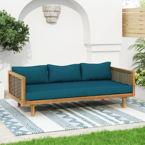 English Elm Christopher Knight Home® - Claremont 3-Seater Daybed With Rattan Arms - Stylish Acacia Wood Frame & Water-Resistant Cushions N770P205570T