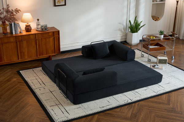 English Elm Convertible Sleeper Sofa Bed with Corduroy Upholstery, 4‑in‑1 Folding Couch Mattress, Space‑Saving Lounge Black W3434P346241