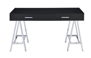 English Elm Coleen Modern Black High-Gloss Writing Desk with Chrome Sawhorse Legs, 2 Smooth Glide Drawers, 70lb B2726P315589