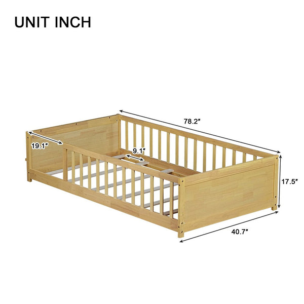 English Elm Twin Floor Platform Bed With Book Rack & Fence, Durable Natural Finish For Cozy Kids' Rooms W504P345766-GIGA