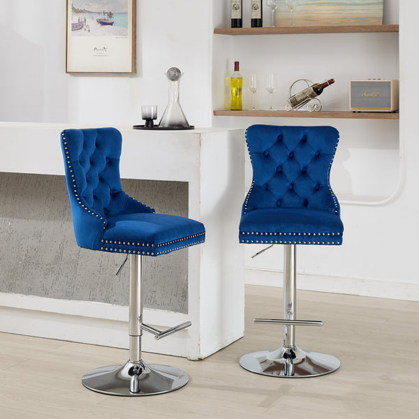 English Elm Thick Velvet Swivel Barstools Adjustable 25-33" Height with 17.7" Chrome Base, Tufted Diamond Pleat Elegance Blue W1143P335044