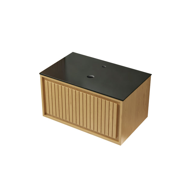 English Elm Kolas Floating Bathroom Vanity Oak Woodgrain Plywood Cabinet Black Sintered Stone Top W2615P279360