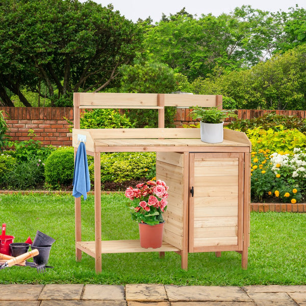 English Elm Outdoor Solid Wood Potting Bench with Built-in Sink Sliding Top and Garden Storage W2640P236086