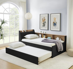 English Elm Twin Size Velvet Daybed With Adjustable Height Headboard, Storage, Trundle & Led Lights - Black W1413S00112-GIGA